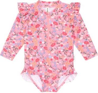 Huxbaby Vintage Floral Frill Swimsuit in Dusty Pink Multi at Nordstrom, Size 6-12M Au
