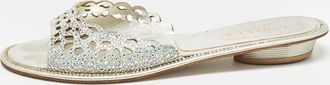 Le Silla Silver Crystal Embellished Textured Suede Flat Slides