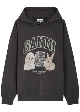 Ganni Printed Hooded Cotton Sweatshirt - Black - S/M (UK10-12 / M)