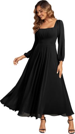 Ever-pretty Womens Bridesmaid Dress Chiffon Long Sleeve Square Neck Empire Waist Black 14