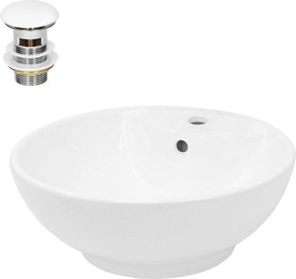 ECD Germany Ecd Germany - Lavabo Cer&aacute;mico Blanco Redondo &Oslash; 455 X 185 Mm Para Ba&ntilde;o Con Juego De Desag&uuml;e Con Rebosadero Agujero De Conexi&oacute;n Estandar Lavamanos Sobre