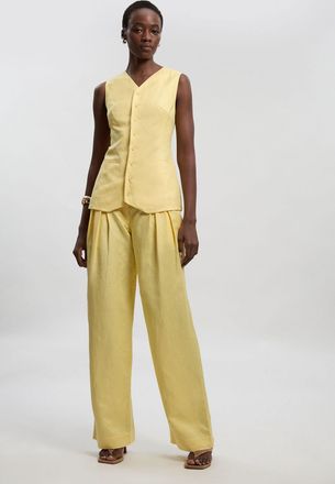 Karen Millen Womens Viscose Linen Pleat And Pocket Detail Woven Straight Leg Trouser - Yellow - Size 14 UK