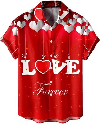 Generic Valentines Shirt Men Red Love Print Hawaiian Shirts Short Sleeve Button Down Tshirts Lightweight Breathable Summer Beach Party Tees 2026, Red, 3XL
