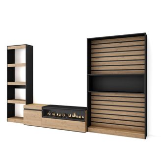 Skraut Home Muebles De Sal&oacute;n Para Tv, Conjunto De Muebles Comedor, 320x186x35cm, Chimenea El&eacute;ctrica, Estilo Moderno, Roble Y Negro - Skraut Home