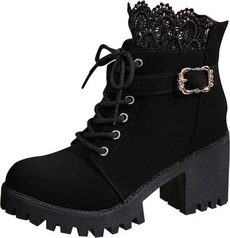 Generic Black Female Lace Patchwork Short Boots with Thick Heel and Round Toe for Fall Winter Height Enhancing and Soft Interior
