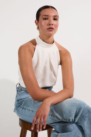 Karen Millen Womens Viscose Linen Cross Front Halter Neck Woven Top - White - Size 16 UK