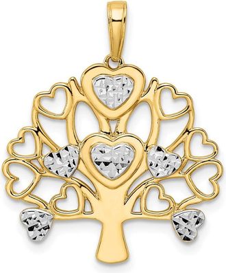 Diamond2Deal 14k Yellow Gold White Rhodium Diamond-cut Heart Tree of Life Pendant