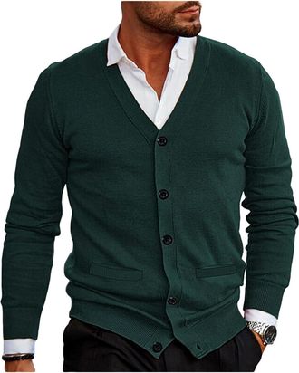 Generic Mens Cardigan Sweater V-Neck Slim Fit Solid Color Cardigan Single Breasted Soft Sweater Jacket Green