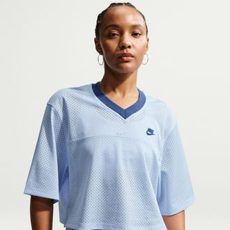 Nike Womens Nike Sportswear Oversized Heritage Cropped Mesh Jersey in Blue | IR1650-407