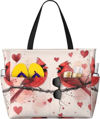 Generic Cardinal Birds Print Large Beach Bag Foldable Travel Shoulder Tote Bag With Pocket For Weekender Pool Vacation