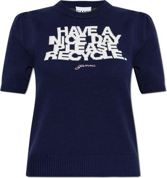 Ganni Logo Top - Dames - Ronde hals truien - Blauw - M - Katoen - Truien & Vesten
