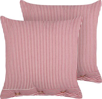 Beliani Beliani - Conjunto De 2 Cojines Decorativos De Estilo Retro Fabricado En Algod&oacute;n Con Patr&oacute;n De Rayas Cuadrado En Color Rojo Y Blanco 45 X 45 Cm Aalita
