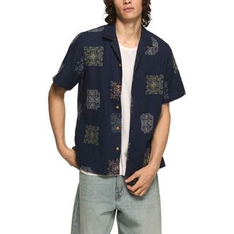 Lucky Brand Embridered Tile Pattern Cotton Camp Shirt in Blue Multi at Nordstrom, Size Xx-Large