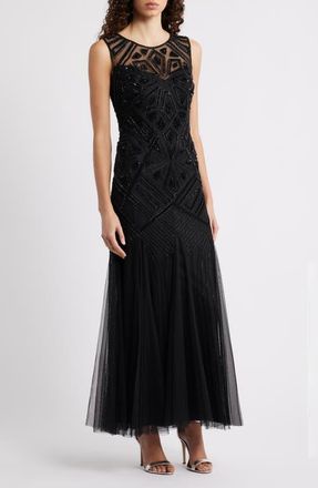 Pisarro Nights Geometric Beaded Sleeveless Gown in Black 001 at Nordstrom, Size 16