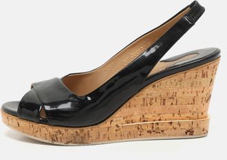 Ferragamo Black Patent Leather Cork Wedge Slingback Sandals