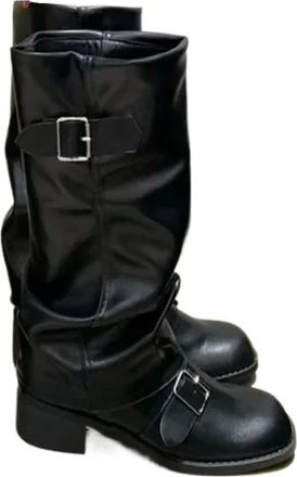 Generic Woman Boots Knee High Platform Chunky Heels Trend Punk Gothic New Rock Leather Fashion Womens Shoes Motorcycle Footwear(Black,US4)