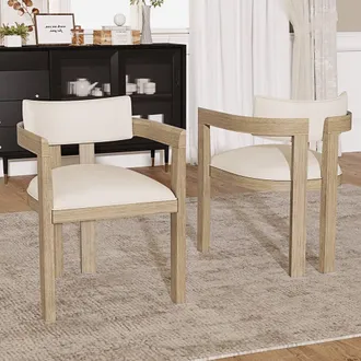 Merax Set of 2 Upholstered Dining Chairs with Armrests, Solid Wood Frame in Natural