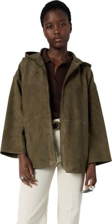 Gerard Darel Tassya Zip-Up Hooded Suede Jacket in Khaki Green at Nordstrom, Size Medium