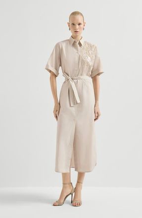 Brunello Cucinelli Dress with dazzling seabed embroidery in Beige Silk at Nordstrom, Size Xx-Large Eu