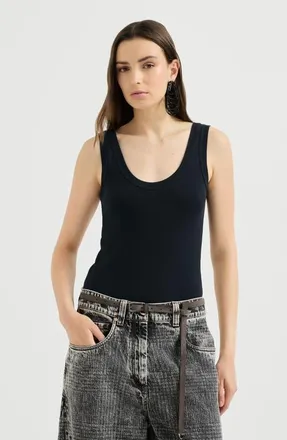 Brunello Cucinelli Stretch cotton ribbed jersey top with monili in Black at Nordstrom, Size Xxx-Large