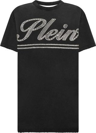 Philipp Plein Open Back T-Shirt Dress Strass Signature - Dames - Korte kleedjes - Zwart - S - Katoen - Kleedjes