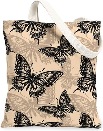 Generic Butterfly Print Canvas Tote Bags, Floral Vintage Lightweight Washable Shoulder Bags for Shopping Travel Beach, Beige, 13x15 Inch