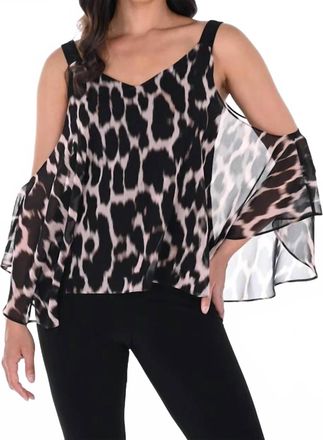 Frank Lyman Design Animal Print Cold Shoulder Top In Black/blush
