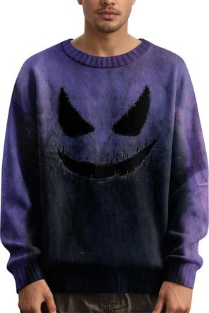 Generic Mens Halloween Knitted Jumper with Spooky Pumpkin & Bat Pattern, Warm Autumn Crew Neck Pullover Sweater for Casual Wear & Halloween Party