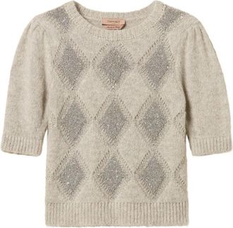 Twin-Set Diamond Pattern Puff Sleeve Knit Top