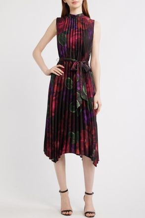 Tahari by ASL Matte Charmeuse Tie Waist Midi Dress in Black Multi at Nordstrom, Size 10