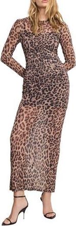 Good American Ruched Long Sleeve Mesh Maxi Dress in Lucky Leopard001 at Nordstrom Rack, Size X-Large