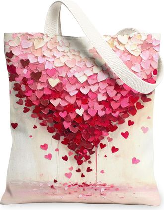 Generic Heart Canvas Tote Bags, Romantic Love Pattern Reusable Grocery Bags, Vintage Floral Lightweight Washable Shoulder Strap for, Peach, 13x15 Inch