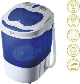 Adler Europe Ad8051 Mini Lavadora Centrifugadora Port&aacute;til, 3kg Lavado, Pograma Lavado 15m, Ideal Camping Caravanas 150w Blanco/azul - Adler
