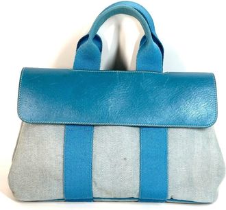 Herm&egrave;s Blue Yellow Cotton Leather Handbag Tote Bag (Pre-Owned)