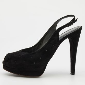 Stuart Weitzman Black Suede Crystal Embellished Platform Slingback Sandals Size 39.5