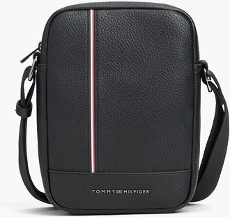 Tommy Hilfiger Mens Signature Stripe Pebbled Mini Reporter Bag - Black