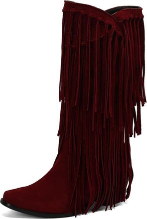 Generic Womens Square Toe Fringe Cowboy Boots Faux Suede Knee High Boots Block Heel Western Cowgirl Boot,Burgundy,7.5 UK