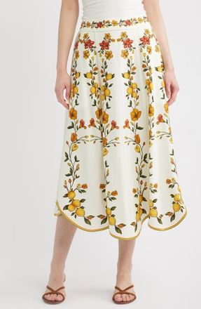Farm Rio Lemon Bouquet Floral Linen Blend Midi Skirt in Lemon Bouquet Off-White at Nordstrom, Size X-Small