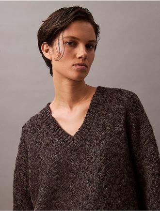 Calvin Klein Womens Melange Wool V-Neck Sweater - Brown - XS