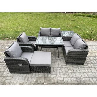 Fimous Wicker pe Rattan Garden Dining Set Outdoor Furniture Sofa with Rectangular Dining Table Big Footstool Side Table Dark Grey Mixed - Fimous