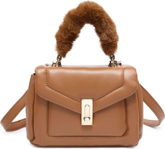 Generic Womens Quilted Grab Bag with Faux Fur Handle, Small Crossbody & Top Handle Handbag with Push Lock Flap, Compact Shoulder Purse (Brown)