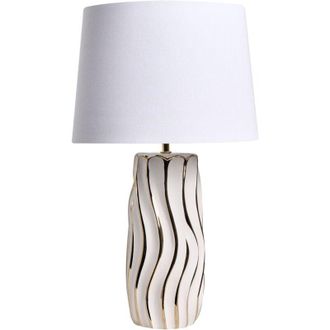Beliani Table Lamp White Ceramic Base Linen Shade Drum Elegant Modern Glamour Style Living Room Bedroom PATUCA