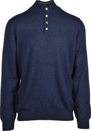 Vengera Blue Wool-Blend Button Mock Neck Sweater