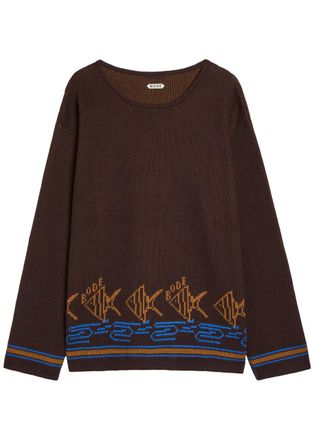 Bode Fish School Intarsia Cotton Jumper - Brown - XL