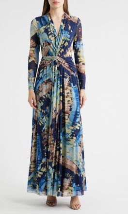 Anne Klein Abstract Print Twist Front Long Sleeve Mesh Maxi Dress in Blue Tide Multi at Nordstrom, Size 12