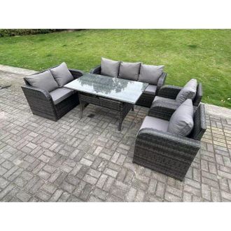 Fimous 7 Seater Dark Grey pe Wicker Rattan Garden Furniture Set Reclining Chair Love Seat 3 Seater Sofa Set Outdoor Rectangular Dining Table - Fimous