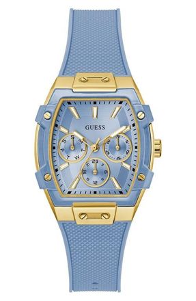 Guess Ice Blue Multifunction Tonneau Silicone Strap Watch, 35mm at Nordstrom