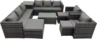 Fimous Fimous 11 Seater Garden Outdoor Rattan Furniture Set Patio Corner Sofa Rectangular Coffee Table with 3 Stools Dark Grey