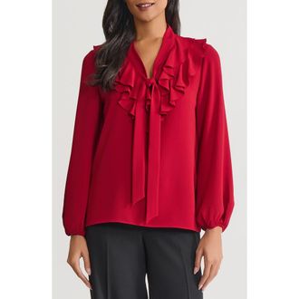 Kasper Ruffle Trim Tie Front Crepe Top in Fire Red at Nordstrom, Size X-Large P