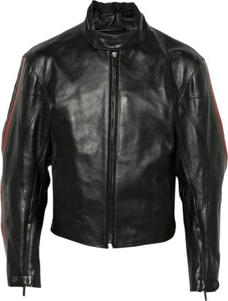 Gucci Leren Bikerjack met Webdetail - Heren - Jassen - Zwart - Maat: 3XL Katoen